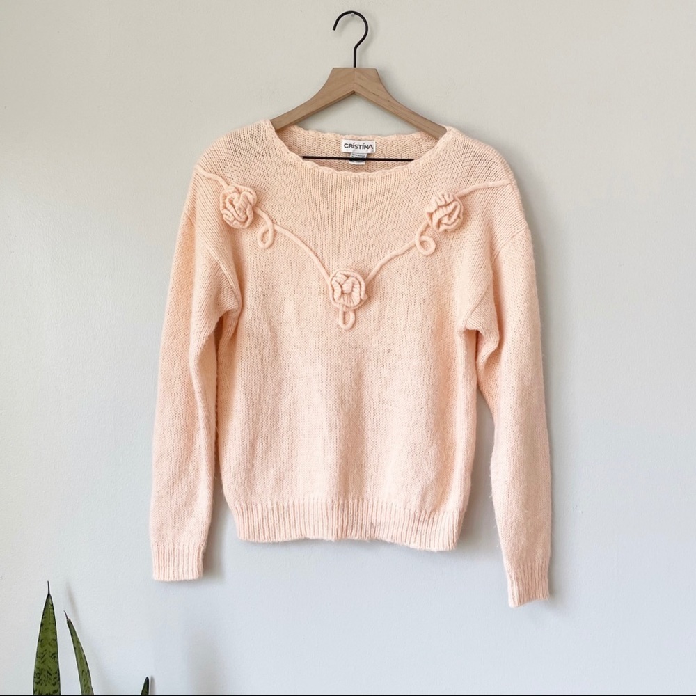 Vintage Cristina Pastel Orange Flower Embellishment Sweater